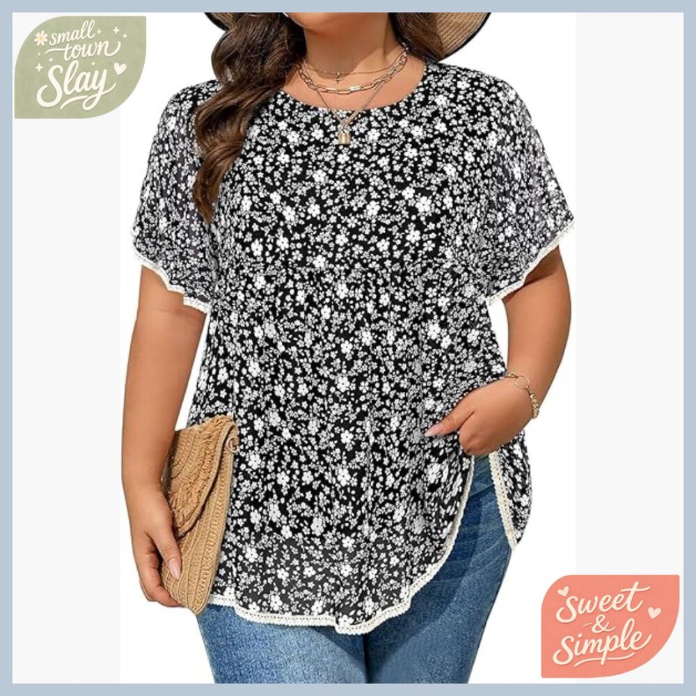 Plus Size Chiffon Peasant Blouse Ruffle Sleeve Floral Boho Tunic